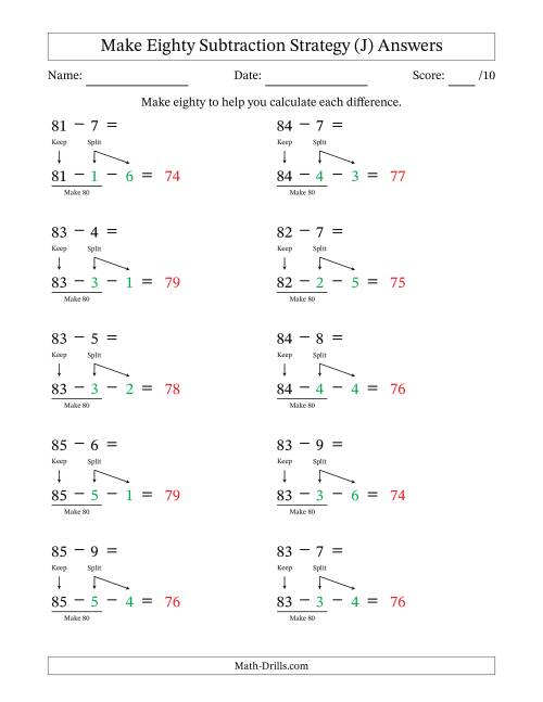 The Make Eighty Subtraction Strategy (J) Math Worksheet Page 2