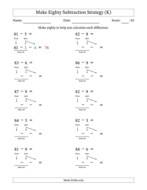 The Make Eighty Subtraction Strategy (K) Math Worksheet