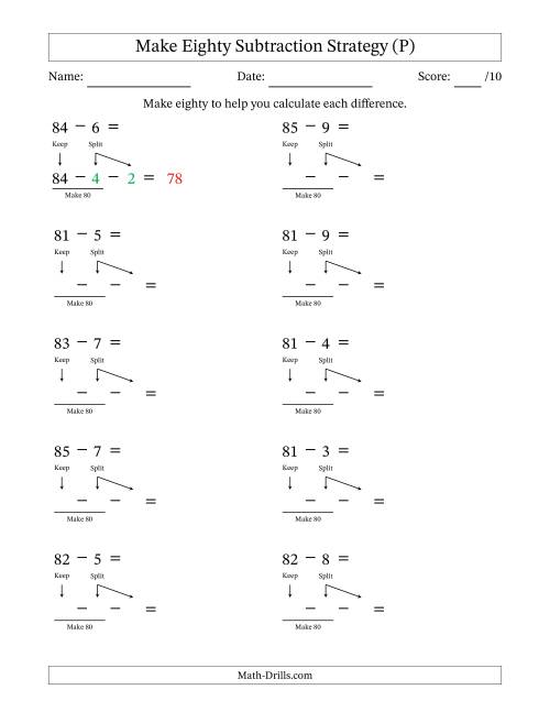 The Make Eighty Subtraction Strategy (P) Math Worksheet
