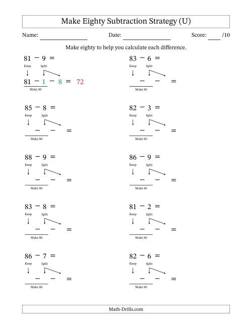 The Make Eighty Subtraction Strategy (U) Math Worksheet