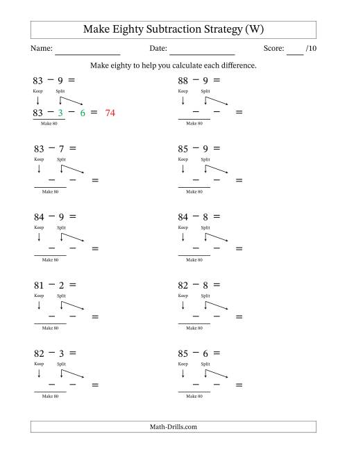 The Make Eighty Subtraction Strategy (W) Math Worksheet