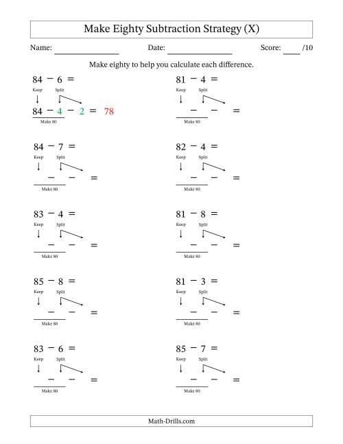 The Make Eighty Subtraction Strategy (X) Math Worksheet