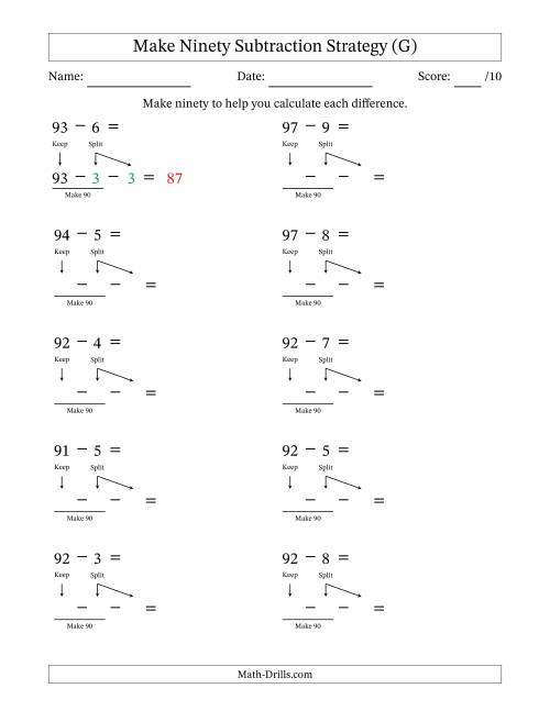 The Make Ninety Subtraction Strategy (G) Math Worksheet