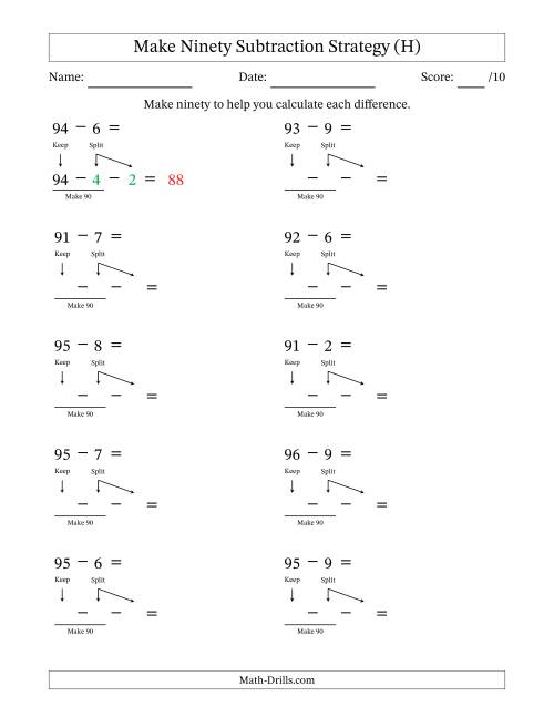 The Make Ninety Subtraction Strategy (H) Math Worksheet