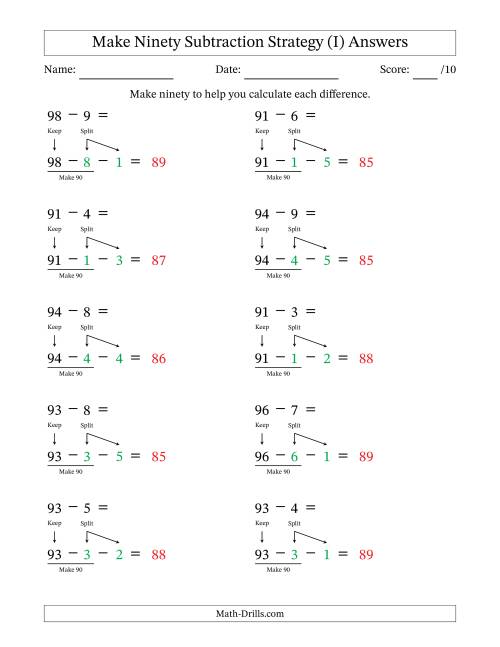 The Make Ninety Subtraction Strategy (I) Math Worksheet Page 2
