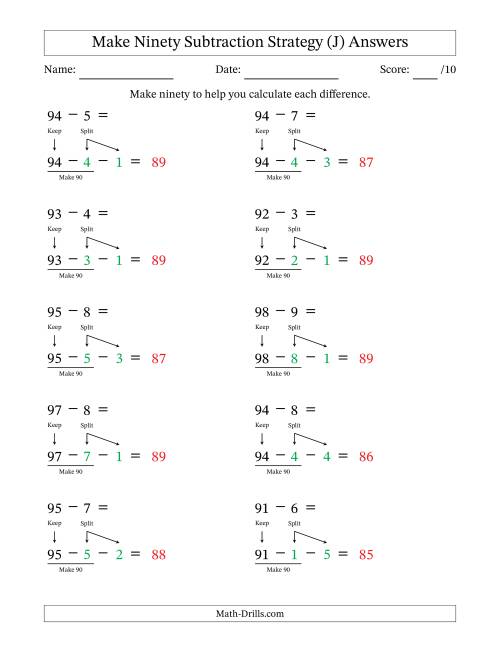 The Make Ninety Subtraction Strategy (J) Math Worksheet Page 2
