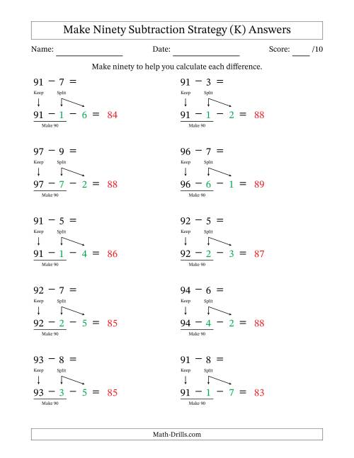The Make Ninety Subtraction Strategy (K) Math Worksheet Page 2
