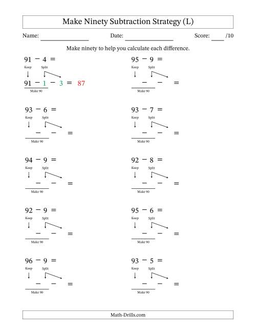 The Make Ninety Subtraction Strategy (L) Math Worksheet