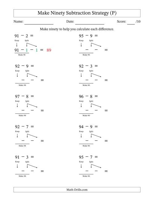 The Make Ninety Subtraction Strategy (P) Math Worksheet