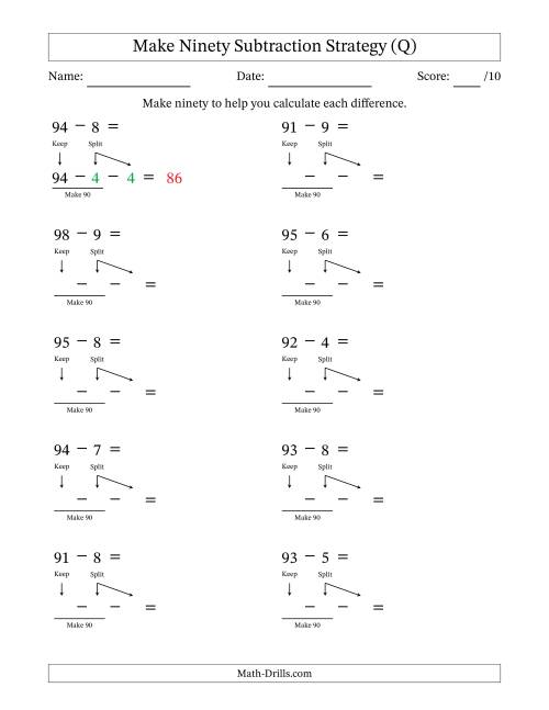 The Make Ninety Subtraction Strategy (Q) Math Worksheet