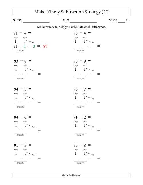 The Make Ninety Subtraction Strategy (U) Math Worksheet