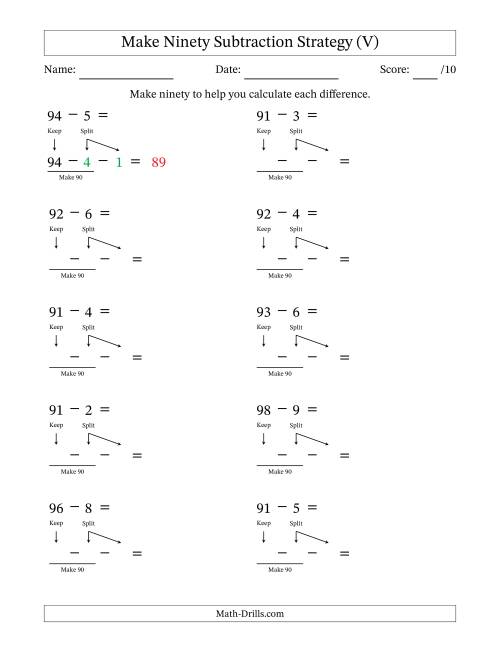 The Make Ninety Subtraction Strategy (V) Math Worksheet