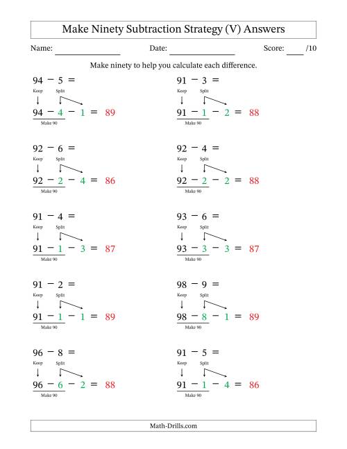 The Make Ninety Subtraction Strategy (V) Math Worksheet Page 2