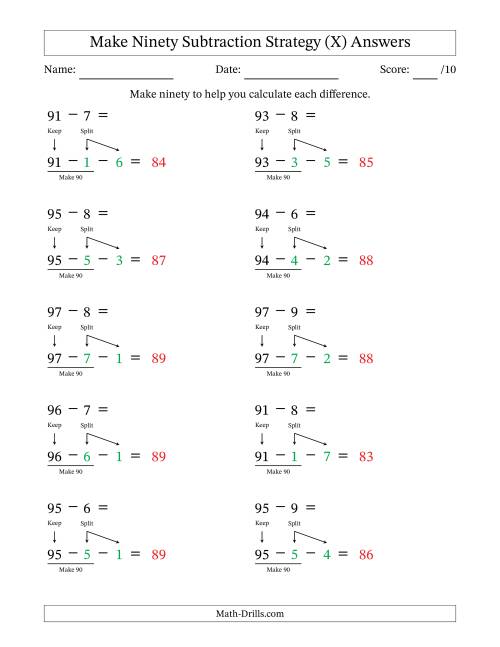 The Make Ninety Subtraction Strategy (X) Math Worksheet Page 2