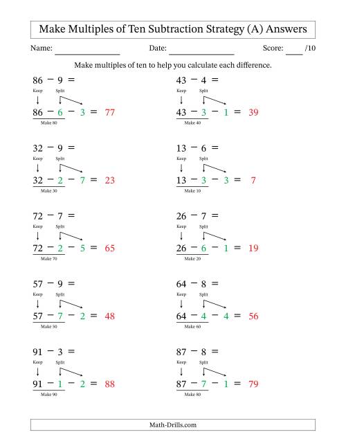 The Make Multiples of Ten Subtraction Strategy (A) Math Worksheet Page 2
