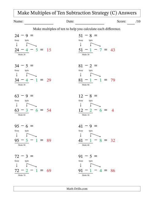 The Make Multiples of Ten Subtraction Strategy (C) Math Worksheet Page 2