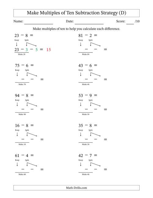 The Make Multiples of Ten Subtraction Strategy (D) Math Worksheet