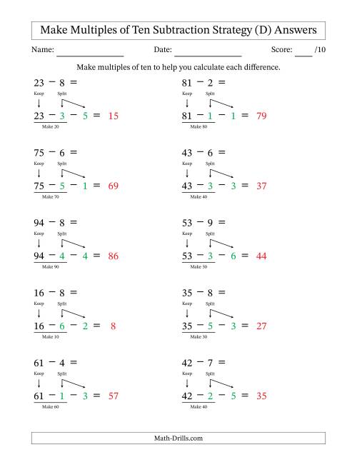 The Make Multiples of Ten Subtraction Strategy (D) Math Worksheet Page 2