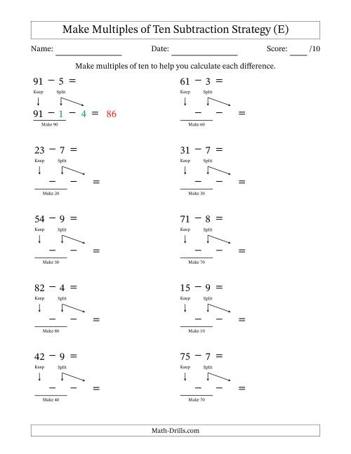 The Make Multiples of Ten Subtraction Strategy (E) Math Worksheet