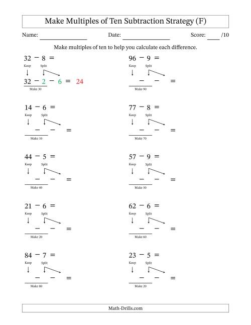 The Make Multiples of Ten Subtraction Strategy (F) Math Worksheet