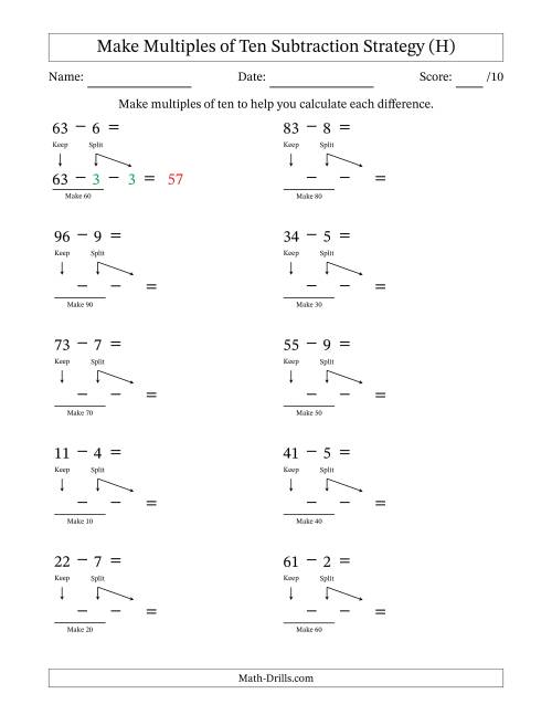 The Make Multiples of Ten Subtraction Strategy (H) Math Worksheet
