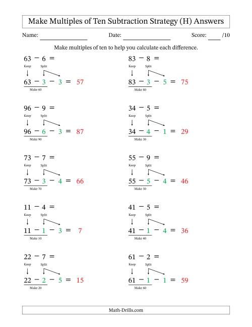 The Make Multiples of Ten Subtraction Strategy (H) Math Worksheet Page 2
