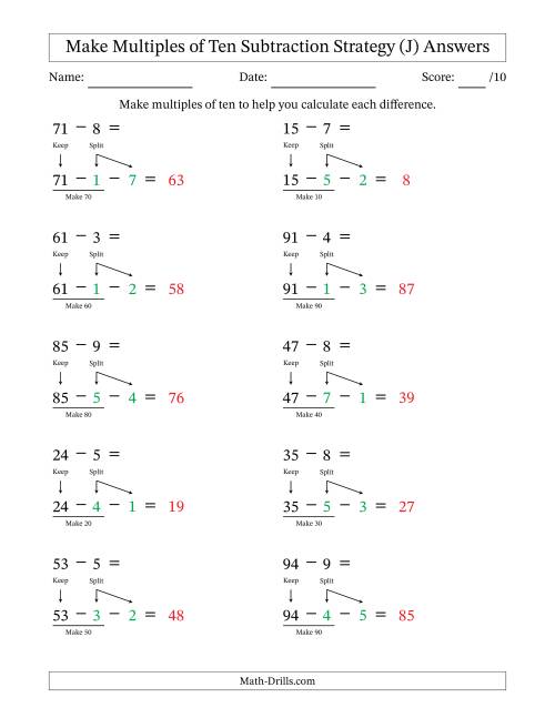 The Make Multiples of Ten Subtraction Strategy (J) Math Worksheet Page 2