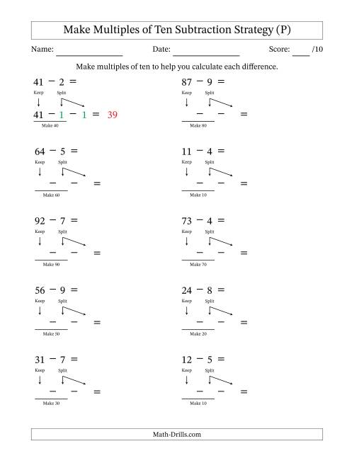 The Make Multiples of Ten Subtraction Strategy (P) Math Worksheet