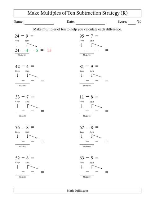 The Make Multiples of Ten Subtraction Strategy (R) Math Worksheet