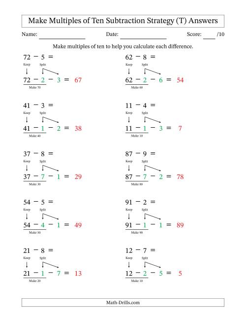 The Make Multiples of Ten Subtraction Strategy (T) Math Worksheet Page 2