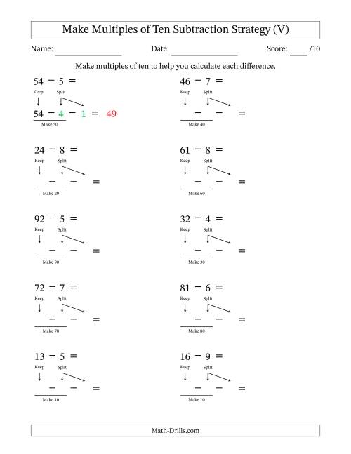 The Make Multiples of Ten Subtraction Strategy (V) Math Worksheet