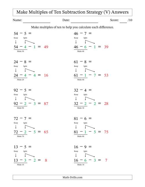 The Make Multiples of Ten Subtraction Strategy (V) Math Worksheet Page 2