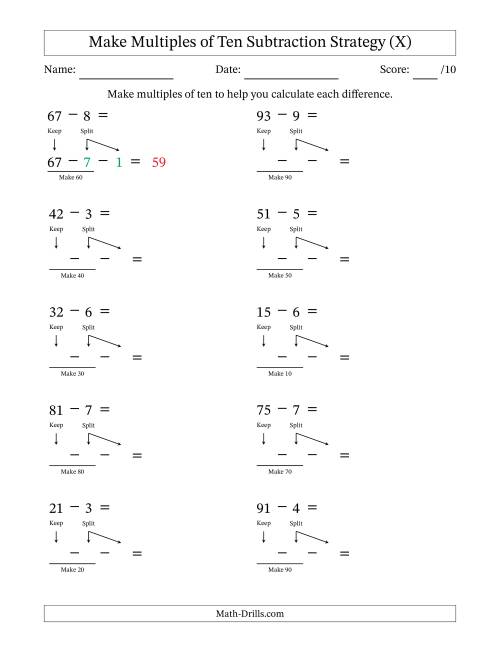 The Make Multiples of Ten Subtraction Strategy (X) Math Worksheet