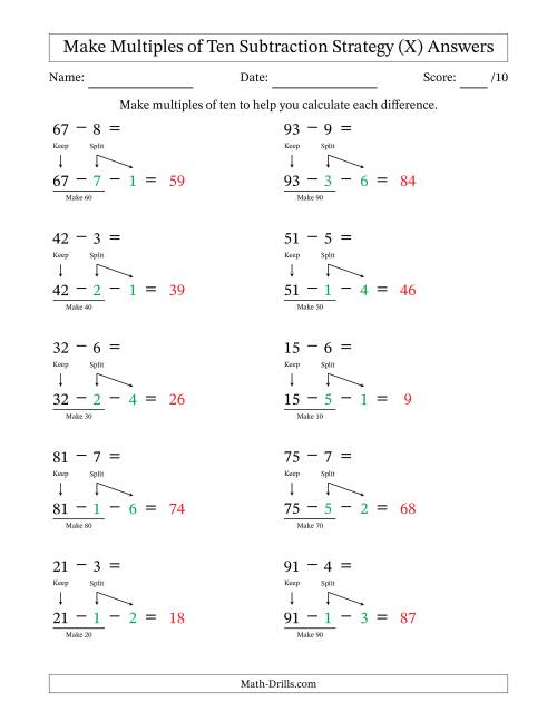 The Make Multiples of Ten Subtraction Strategy (X) Math Worksheet Page 2