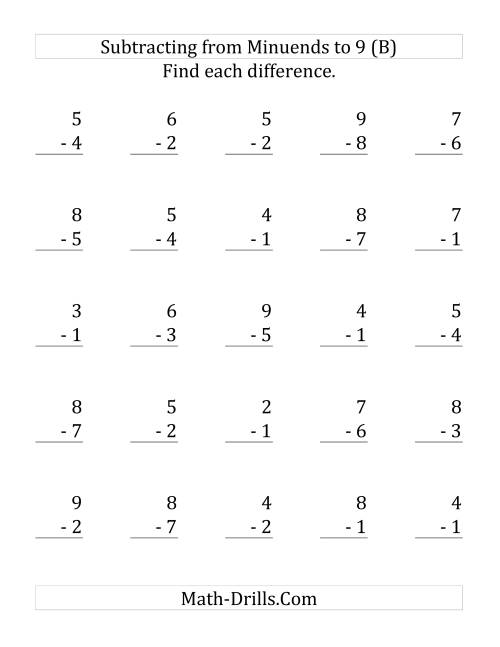 The 25 Subtraction Questions with Minuends up to 9 (B) Math Worksheet