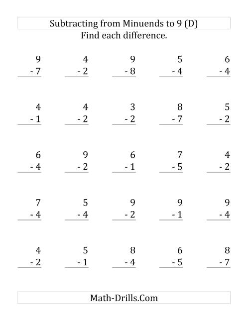 The 25 Subtraction Questions with Minuends up to 9 (D) Math Worksheet