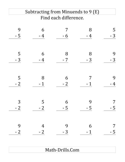 The 25 Subtraction Questions with Minuends up to 9 (E) Math Worksheet