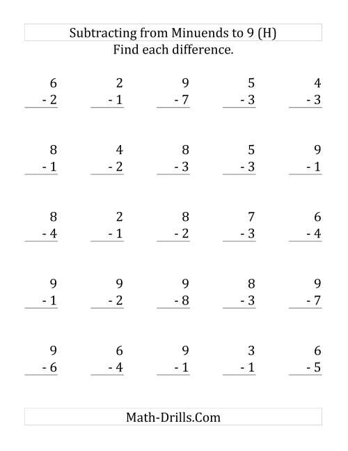 The 25 Subtraction Questions with Minuends up to 9 (H) Math Worksheet
