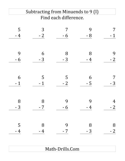 The 25 Subtraction Questions with Minuends up to 9 (I) Math Worksheet