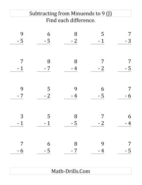 The 25 Subtraction Questions with Minuends up to 9 (J) Math Worksheet
