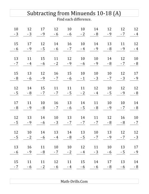 The 100 Subtraction Questions with Minuends From 10 to 18 (A) Math Worksheet