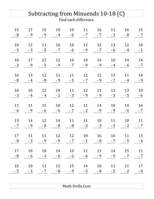 The 100 Subtraction Questions with Minuends From 10 to 18 (C) Math Worksheet
