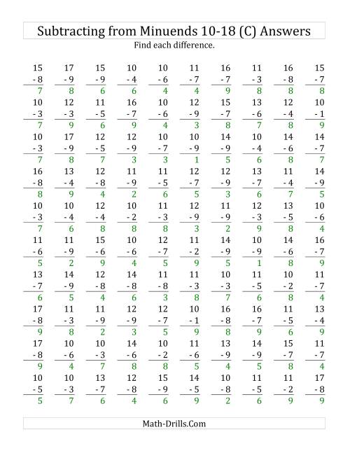 The 100 Subtraction Questions with Minuends From 10 to 18 (C) Math Worksheet Page 2