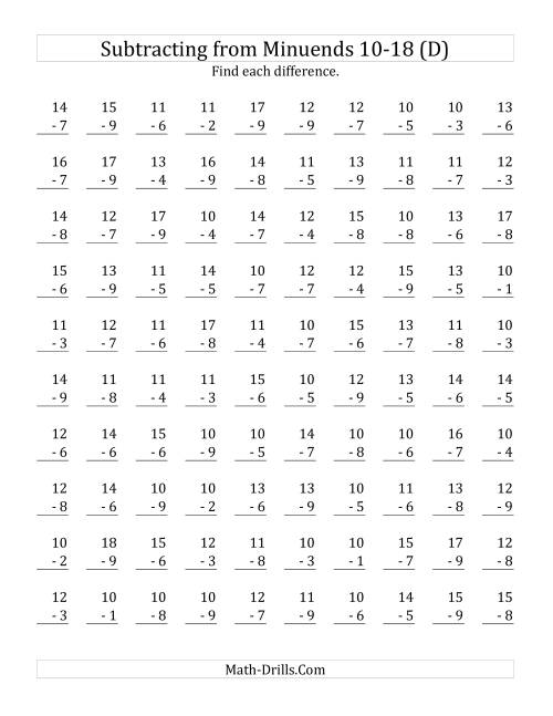 The 100 Subtraction Questions with Minuends From 10 to 18 (D) Math Worksheet