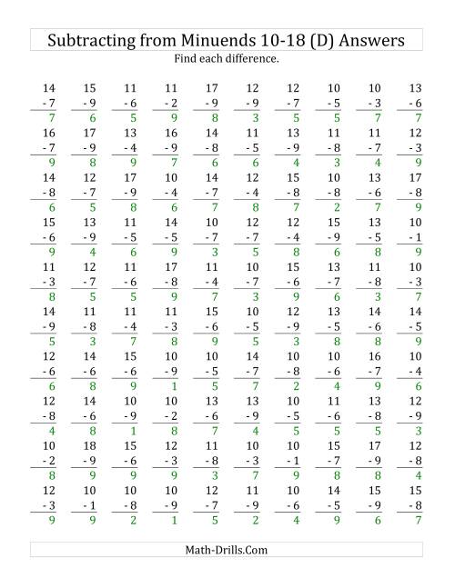 The 100 Subtraction Questions with Minuends From 10 to 18 (D) Math Worksheet Page 2
