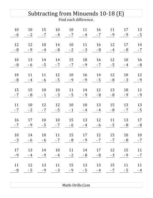 The 100 Subtraction Questions with Minuends From 10 to 18 (E) Math Worksheet