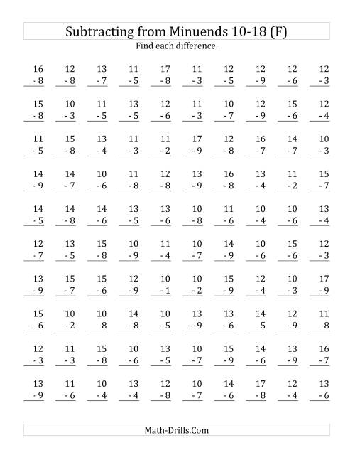 The 100 Subtraction Questions with Minuends From 10 to 18 (F) Math Worksheet