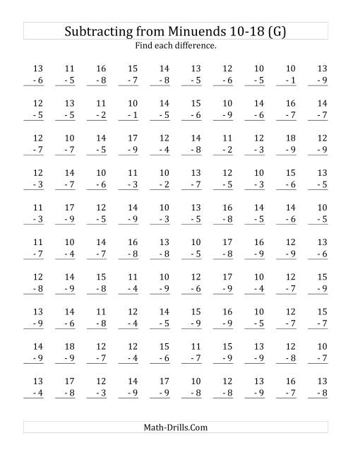 The 100 Subtraction Questions with Minuends From 10 to 18 (G) Math Worksheet