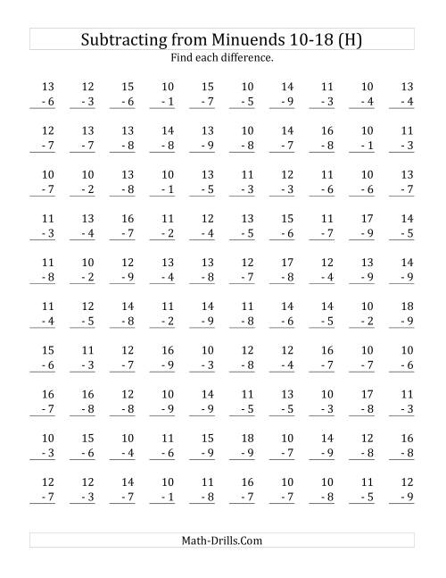 The 100 Subtraction Questions with Minuends From 10 to 18 (H) Math Worksheet