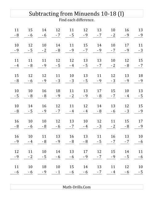 The 100 Subtraction Questions with Minuends From 10 to 18 (I) Math Worksheet